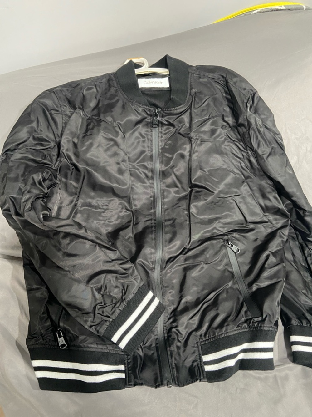 Calvin Klein Black Bomber Jacket with White Striped Ribbing